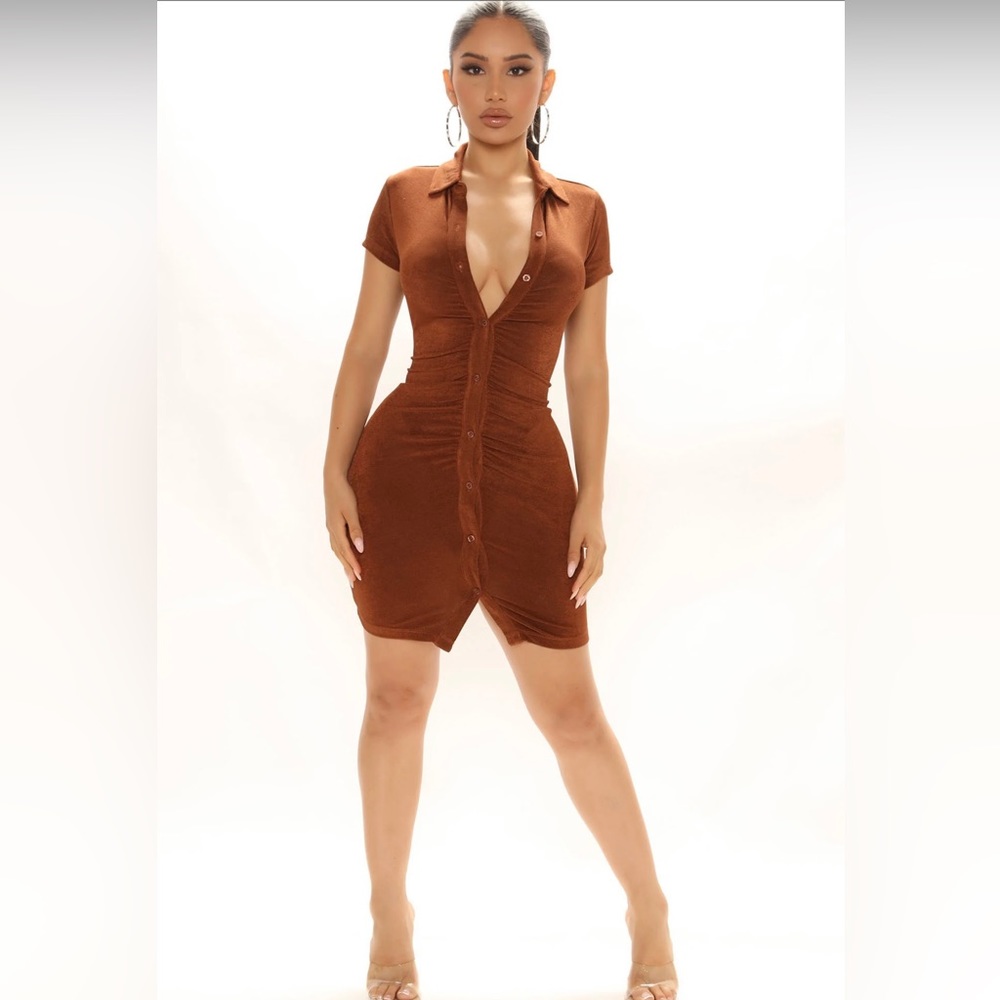 Brown Ruched Dress from Fashion Nova